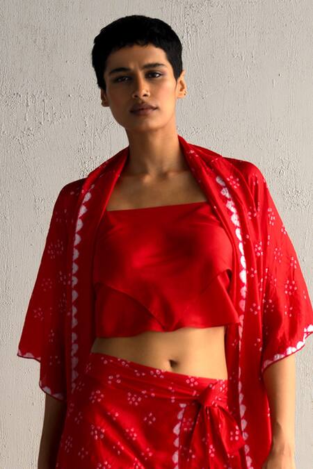 Shop Ituvana Red Silk Embroidery Open Neck, Square Bandhani Printed Skirt Set With Jacket Online at Aza Fashions Shop_Ituvana_Red Silk Embroidery Open Neck, Square Bandhani Printed Skirt Set With Jacket _Online_at_Aza_Fashions
