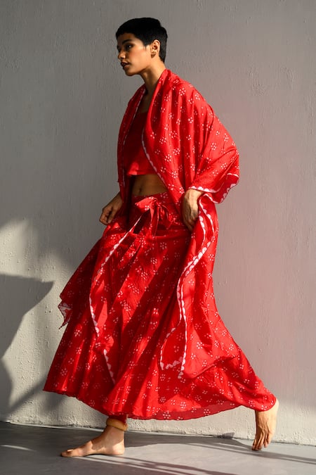 Ituvana Red Silk Embroidery Open Neck, Square Bandhani Printed Skirt Set With Jacket at Aza Fashions Ituvana_Red Silk Embroidery Open Neck, Square Bandhani Printed Skirt Set With Jacket _at_Aza_Fashions
