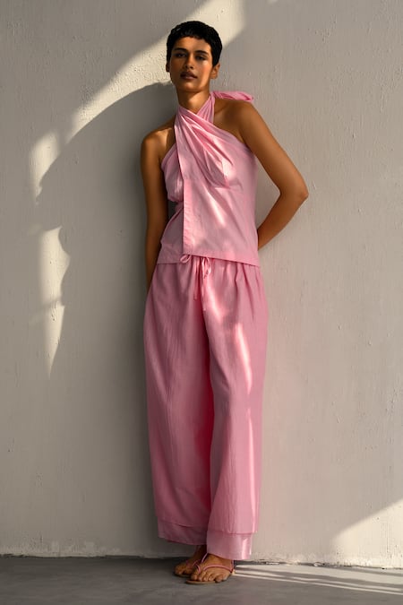 ituvana Pink Halter Wrap Top & Flared Pant Set 