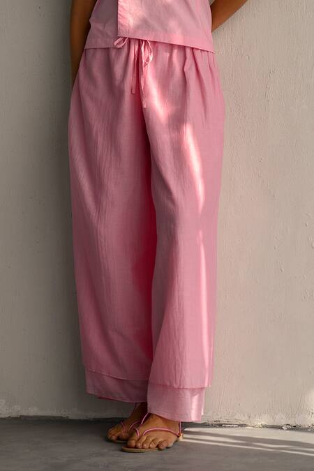 Ituvana Pink Cotton Halter Neck Wrap Top And Flared Pant Set Online at Aza Fashions Ituvana_Pink Cotton Halter Neck Wrap Top And Flared Pant Set _Online_at_Aza_Fashions