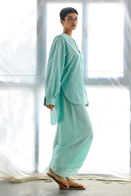 Shop_Ituvana_Blue Cotton V-neck Asymmetric Shirt And Pant Set _at_Aza_Fashions