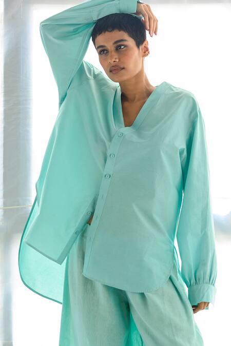 Ituvana_Blue Cotton V-neck Asymmetric Shirt And Pant Set _Online_at_Aza_Fashions