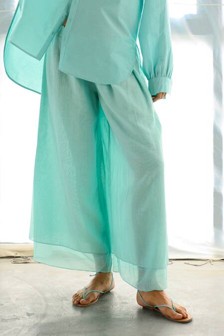 Buy_Ituvana_Blue Cotton V-neck Asymmetric Shirt And Pant Set _Online_at_Aza_Fashions