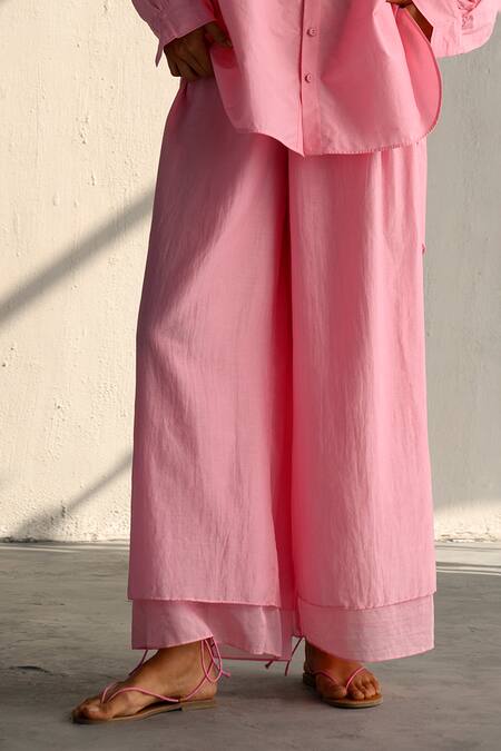 Ituvana Pink Cotton V-neck Shirt And Pant Set Online at Aza Fashions Ituvana_Pink Cotton V-neck Shirt And Pant Set _Online_at_Aza_Fashions