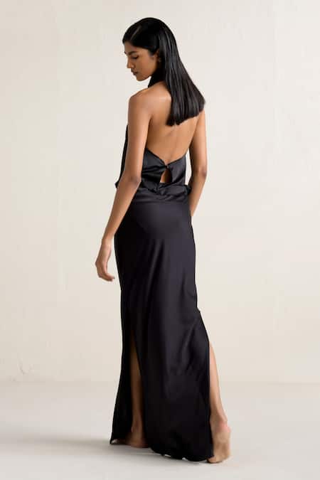 Shop Ituvana Black Silk Cowl Neck Sarong Skirt Set at Aza Fashions Shop_Ituvana_Black Silk Cowl Neck Sarong Skirt Set _at_Aza_Fashions