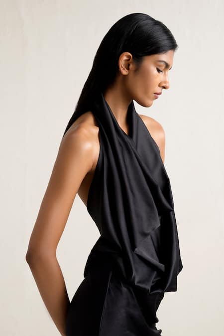 Shop Ituvana Black Silk Cowl Neck Sarong Skirt Set Online at Aza Fashions Shop_Ituvana_Black Silk Cowl Neck Sarong Skirt Set _Online_at_Aza_Fashions