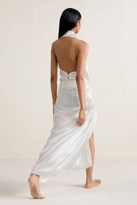 Shop Ituvana White Silk Cowl Neck Sarong Skirt And Top Set at Aza Fashions Shop_Ituvana_White Silk Cowl Neck Sarong Skirt And Top Set _at_Aza_Fashions