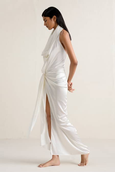 Ituvana White Silk Cowl Neck Sarong Skirt And Top Set Online at Aza Fashions Ituvana_White Silk Cowl Neck Sarong Skirt And Top Set _Online_at_Aza_Fashions