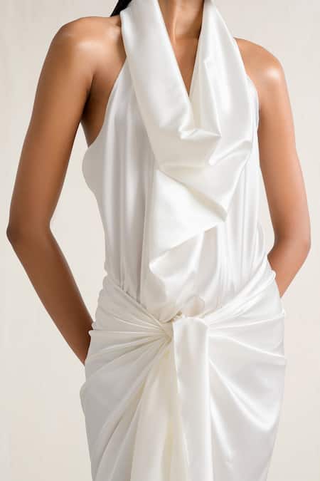 Shop Ituvana White Silk Cowl Neck Sarong Skirt And Top Set Online at Aza Fashions Shop_Ituvana_White Silk Cowl Neck Sarong Skirt And Top Set _Online_at_Aza_Fashions