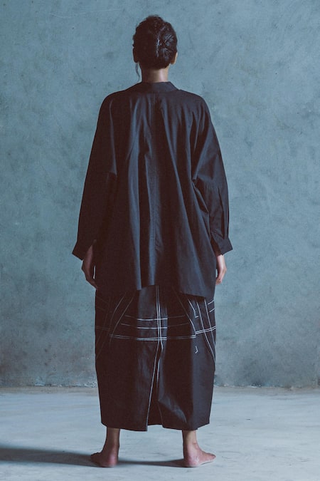 Shop Ituvana Black Cotton Applique Collared Work Shirt And Skirt Set at Aza Fashions Shop_Ituvana_Black Cotton Applique Collared Work Shirt And Skirt Set _at_Aza_Fashions