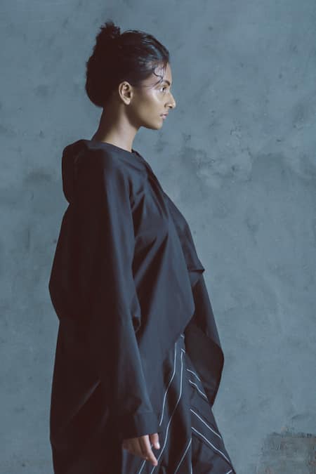 Ituvana Black Cotton Applique Collared Work Shirt And Skirt Set Online at Aza Fashions Ituvana_Black Cotton Applique Collared Work Shirt And Skirt Set _Online_at_Aza_Fashions