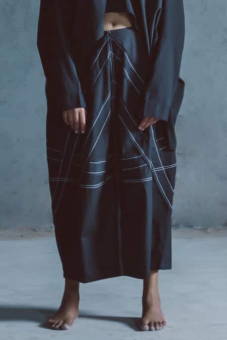 Shop Ituvana Black Cotton Applique Collared Work Shirt And Skirt Set Online at Aza Fashions Shop_Ituvana_Black Cotton Applique Collared Work Shirt And Skirt Set _Online_at_Aza_Fashions