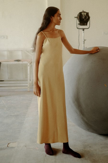 Shop Ituvana Beige Silk Round Neck Sleeveless Slip Dress at Aza Fashions Shop_Ituvana_Beige Silk Round Neck Sleeveless Slip Dress _at_Aza_Fashions