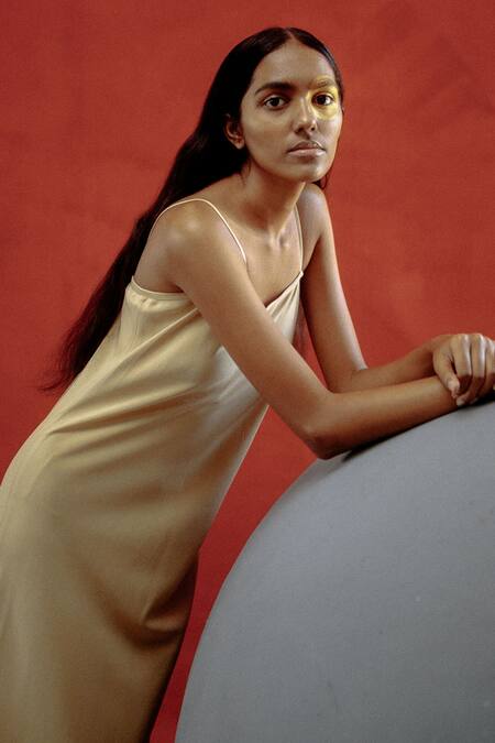 Ituvana Beige Silk Round Neck Sleeveless Slip Dress Online at Aza Fashions Ituvana_Beige Silk Round Neck Sleeveless Slip Dress _Online_at_Aza_Fashions