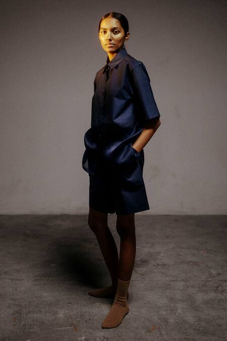 Shop Ituvana Black Cotton, Silk Organza Collared Solid Shirt And Cargo Shorts Set at Aza Fashions Shop_Ituvana_Black Cotton, Silk Organza Collared Solid Shirt And Cargo Shorts Set _at_Aza_Fashions