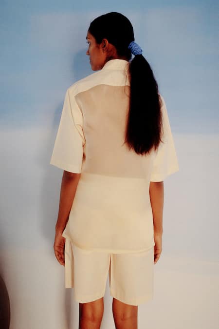 Shop_Ituvana_Ivory Cotton, Silk Organza Collared Panel Shirt And Cargo Shorts Set _at_Aza_Fashions