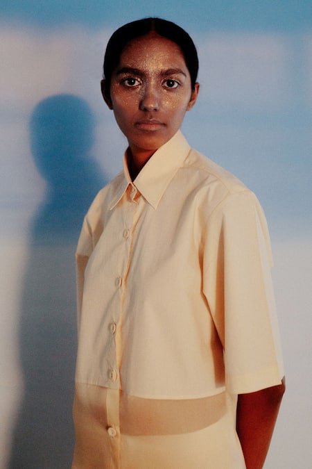 Ituvana_Ivory Cotton, Silk Organza Collared Panel Shirt And Cargo Shorts Set _Online_at_Aza_Fashions