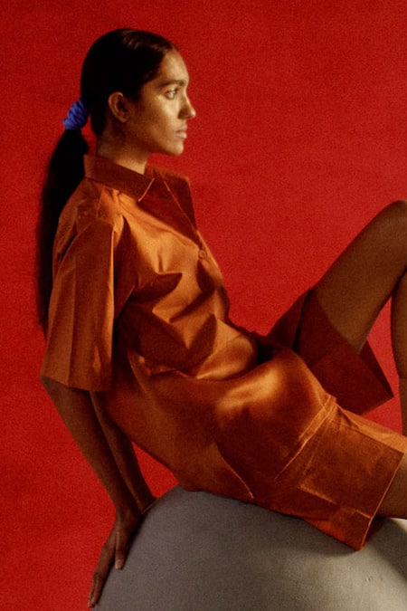 Shop Ituvana Orange Cotton, Silk Organza Collared Rust Panel Shirt And Cargo Shorts at Aza Fashions Shop_Ituvana_Orange Cotton, Silk Organza Collared Rust Panel Shirt And Cargo Shorts _at_Aza_Fashions