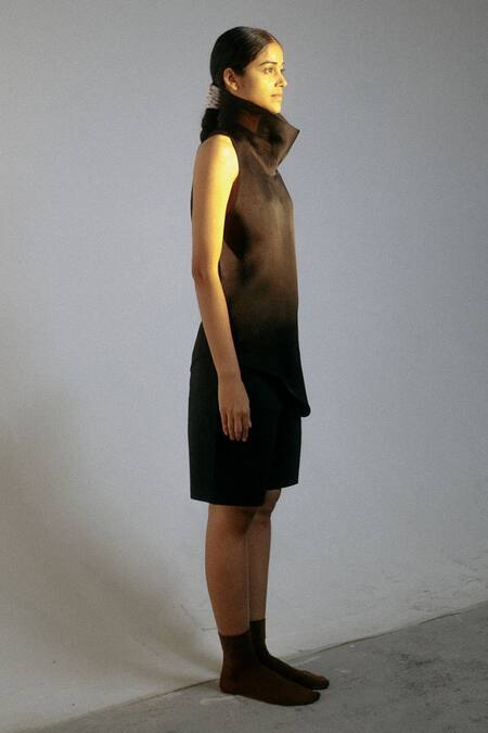 Shop Ituvana Black Cotton, Silk Organza Bandeau Neck Funnel Top And Cargo Shorts Set at Aza Fashions Shop_Ituvana_Black Cotton, Silk Organza Bandeau Neck Funnel Top And Cargo Shorts Set _at_Aza_Fashions