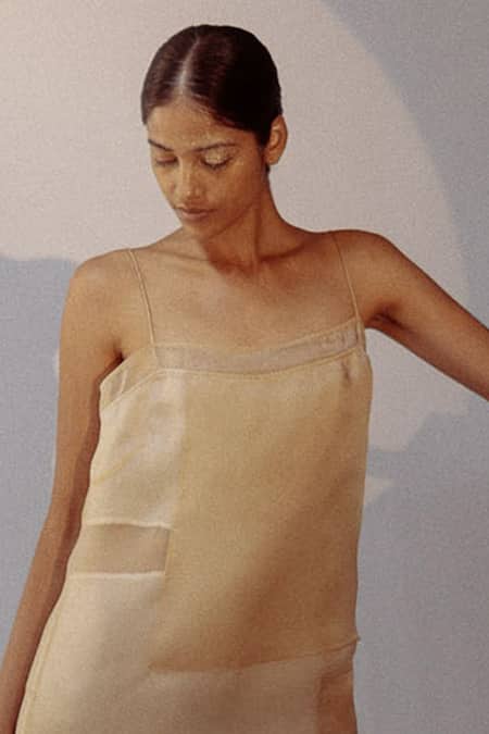 Shop Ituvana Beige Silk Organza Sweetheart Neck Panelled Dress at Aza Fashions Shop_Ituvana_Beige Silk Organza Sweetheart Neck Panelled Dress _at_Aza_Fashions