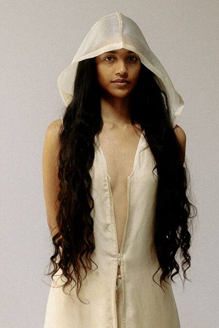 Ituvana_Ivory Silk Organza Halter Neck Hooded Long Jacket And Trouser Set _Online_at_Aza_Fashions