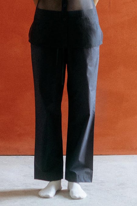 Ituvana Black Cotton, Silk Organza Collared Panel Shirt And Pant Set Online at Aza Fashions Ituvana_Black Cotton, Silk Organza Collared Panel Shirt And Pant Set _Online_at_Aza_Fashions