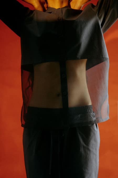 Buy Ituvana Black Cotton, Silk Organza Collared Panel Shirt And Pant Set Online at Aza Fashions Buy_Ituvana_Black Cotton, Silk Organza Collared Panel Shirt And Pant Set _Online_at_Aza_Fashions