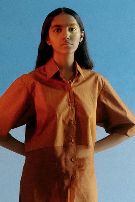 Shop Ituvana Brown Cotton, Silk Organza Collared Clay Panel Shirt And Pant Set at Aza Fashions Shop_Ituvana_Brown Cotton, Silk Organza Collared Clay Panel Shirt And Pant Set _at_Aza_Fashions