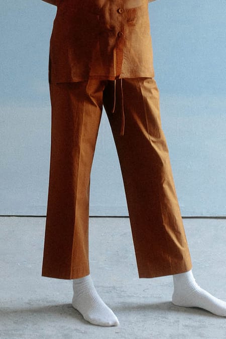 Ituvana Brown Cotton, Silk Organza Collared Clay Panel Shirt And Pant Set Online at Aza Fashions Ituvana_Brown Cotton, Silk Organza Collared Clay Panel Shirt And Pant Set _Online_at_Aza_Fashions