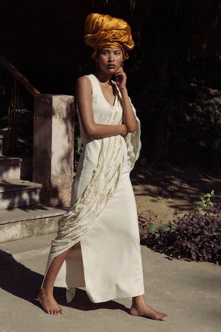 Shop_Ituvana_Ivory Cotton Scoop Neck Woven Saree Dress _at_Aza_Fashions