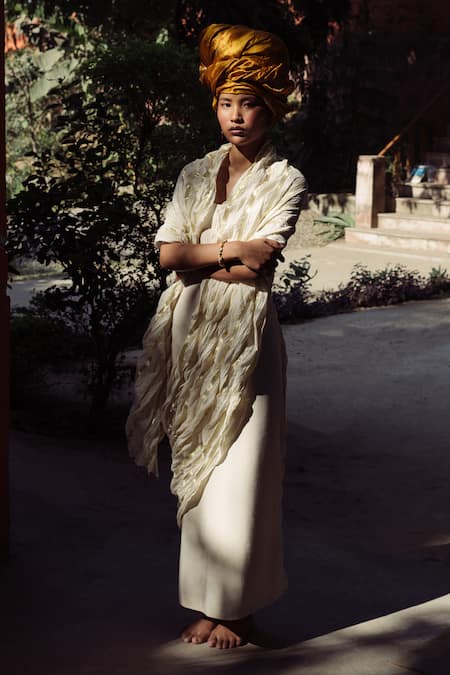 Shop_Ituvana_Ivory Cotton Scoop Neck Woven Saree Dress _Online_at_Aza_Fashions