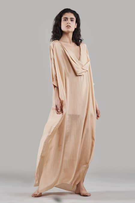 ituvana Beige Silk Kaftan & Shorts Set 