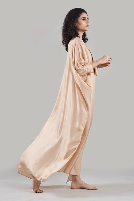 Ituvana_Beige Silk Cowl Neck Kaftan And Shorts Set _Online_at_Aza_Fashions