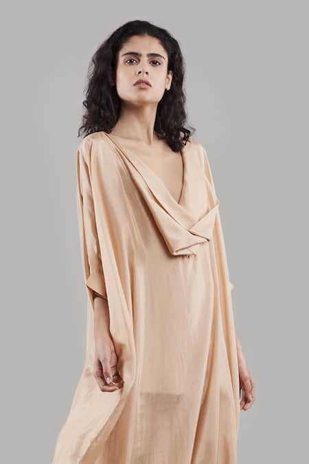 Buy_Ituvana_Beige Silk Cowl Neck Kaftan And Shorts Set _Online_at_Aza_Fashions