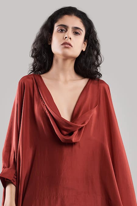 Shop Ituvana Brown Silk Cowl Neck Plum Kaftan And Shorts Set at Aza Fashions Shop_Ituvana_Brown Silk Cowl Neck Plum Kaftan And Shorts Set _at_Aza_Fashions