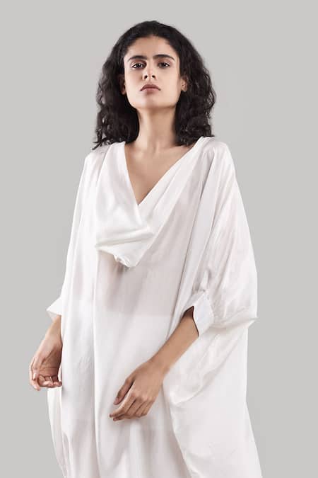 Ituvana White Silk Cowl Neck Kaftan & Shorts Set 