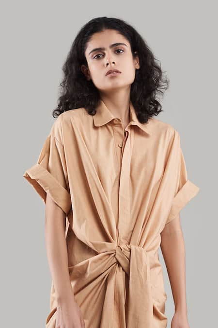 Shop Ituvana Brown Cotton Collared Clay Shirt Dress With Adjustable Sleeve Belt at Aza Fashions Shop_Ituvana_Brown Cotton Collared Clay Shirt Dress With Adjustable Sleeve Belt _at_Aza_Fashions