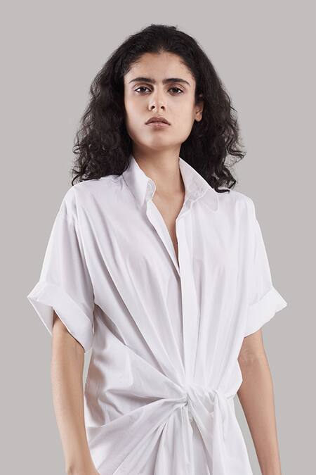 Ituvana White Cotton Collared Asymmetric Shirt Dress Online at Aza Fashions Ituvana_White Cotton Collared Asymmetric Shirt Dress _Online_at_Aza_Fashions