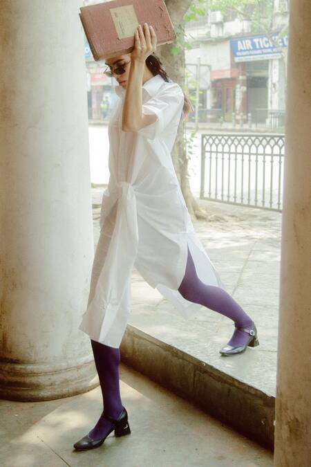 Shop Ituvana White Cotton Collared Asymmetric Shirt Dress Online at Aza Fashions Shop_Ituvana_White Cotton Collared Asymmetric Shirt Dress _Online_at_Aza_Fashions