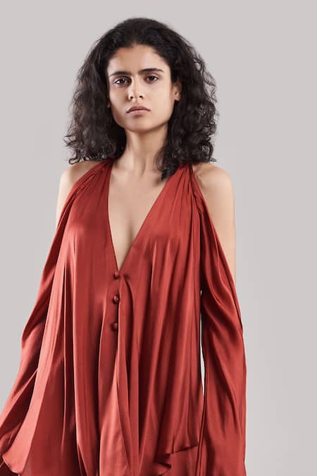 Shop Ituvana Brown Silk Plunge Neck Cold Shoulder Top And Flared Pant Set at Aza Fashions Shop_Ituvana_Brown Silk Plunge Neck Cold Shoulder Top And Flared Pant Set _at_Aza_Fashions