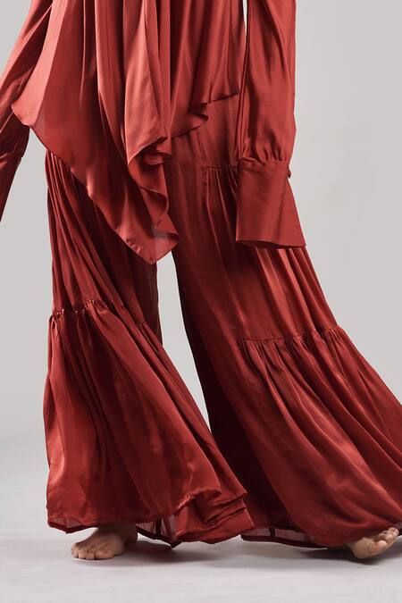 Ituvana Brown Silk Plunge Neck Cold Shoulder Top And Flared Pant Set Online at Aza Fashions Ituvana_Brown Silk Plunge Neck Cold Shoulder Top And Flared Pant Set _Online_at_Aza_Fashions