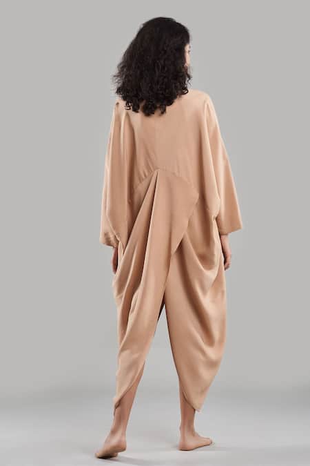 Shop_Ituvana_Beige Silk Open Neck Cape Dress With Shorts _at_Aza_Fashions