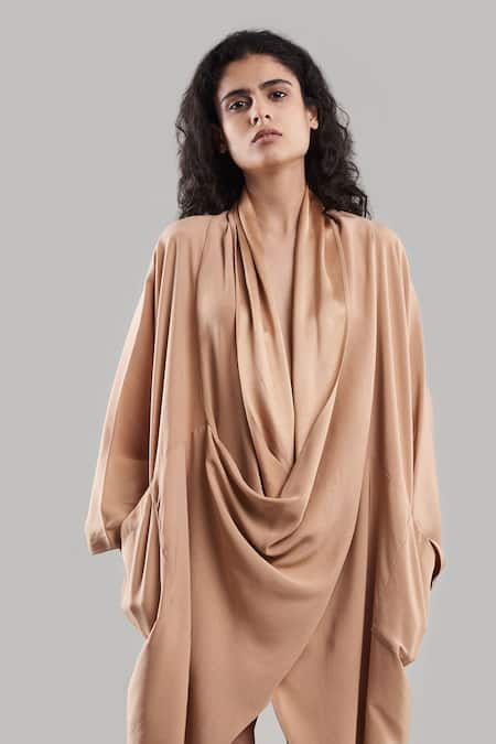 Ituvana_Beige Silk Open Neck Cape Dress With Shorts _Online_at_Aza_Fashions