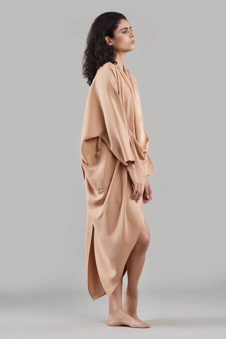 Buy_Ituvana_Beige Silk Open Neck Cape Dress With Shorts _Online_at_Aza_Fashions