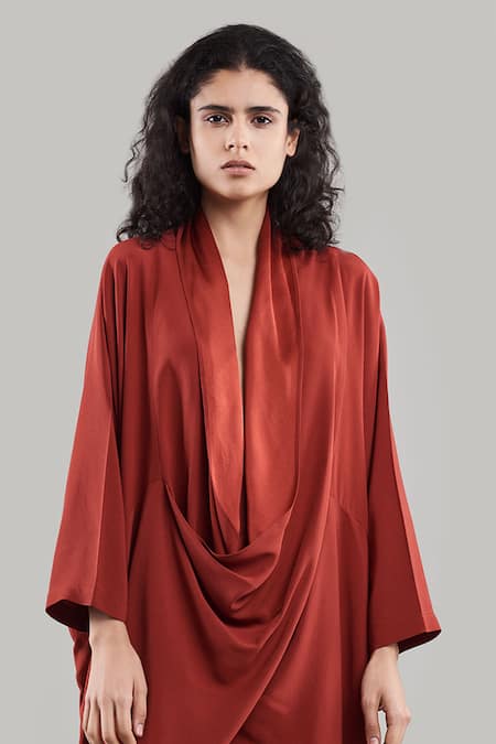 Shop_Ituvana_Brown Silk Open Neck Draped Cape Dress With Shorts _at_Aza_Fashions