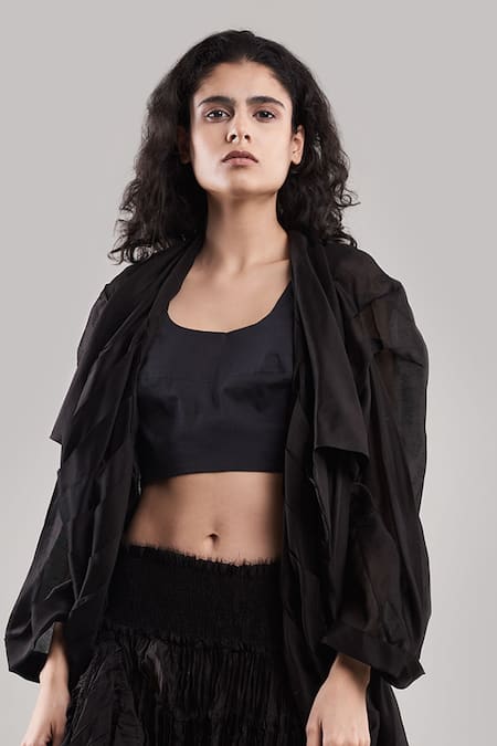 Shop Ituvana Black Chanderi Open , Round Pleated Skirt Set With Jacket at Aza Fashions Shop_Ituvana_Black Chanderi Open , Round Pleated Skirt Set With Jacket _at_Aza_Fashions