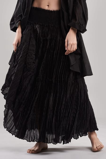 Ituvana Black Chanderi Open , Round Pleated Skirt Set With Jacket Online at Aza Fashions Ituvana_Black Chanderi Open , Round Pleated Skirt Set With Jacket _Online_at_Aza_Fashions