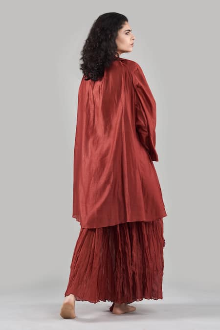 Shop Ituvana Brown Chanderi Open , Round Pleated Skirt Set With Jacket at Aza Fashions Shop_Ituvana_Brown Chanderi Open , Round Pleated Skirt Set With Jacket _at_Aza_Fashions