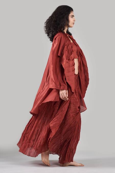 Ituvana Brown Chanderi Open , Round Pleated Skirt Set With Jacket Online at Aza Fashions Ituvana_Brown Chanderi Open , Round Pleated Skirt Set With Jacket _Online_at_Aza_Fashions