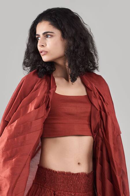 Buy Ituvana Brown Chanderi Open , Round Pleated Skirt Set With Jacket Online at Aza Fashions Buy_Ituvana_Brown Chanderi Open , Round Pleated Skirt Set With Jacket _Online_at_Aza_Fashions